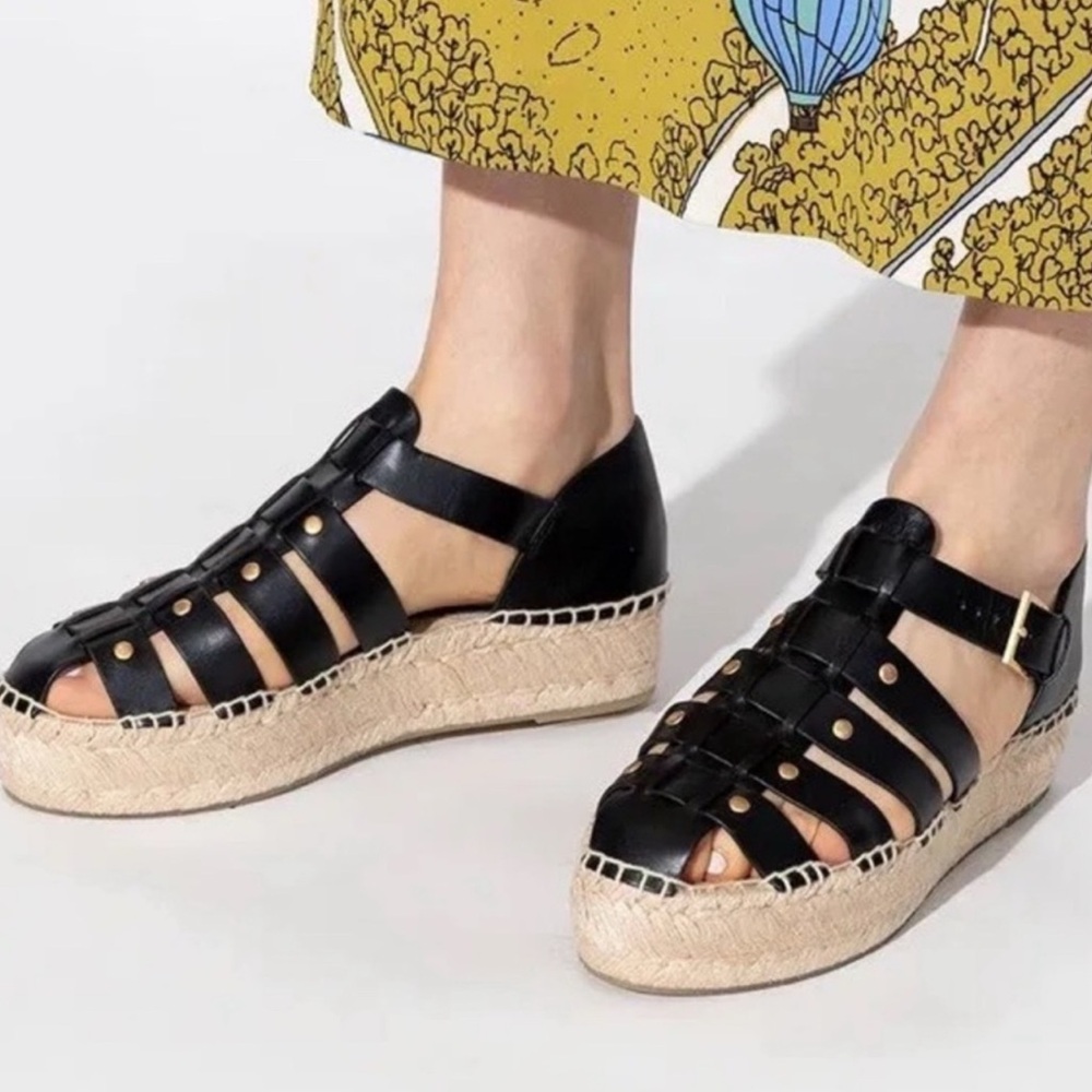 Tory Burch Women's Leather Fisherman Espadrille Sandals Black Sz 8